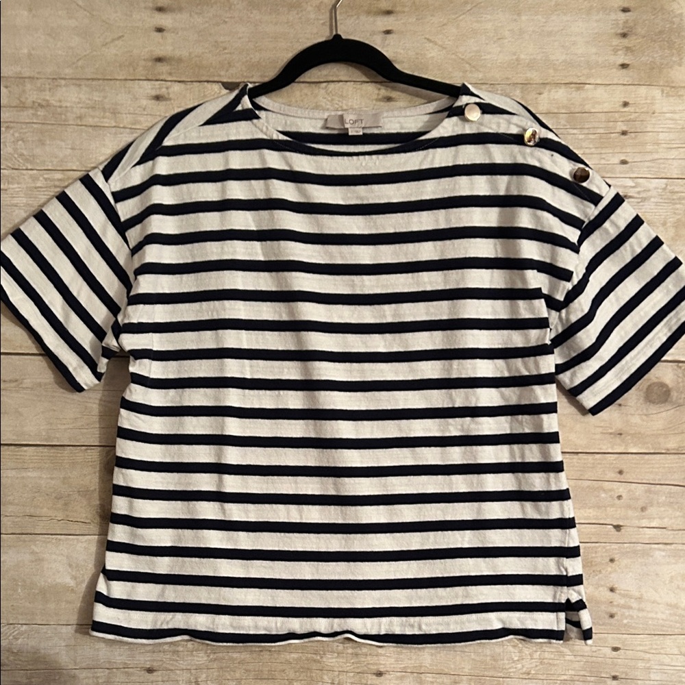 LOFT Navy & White Striped Short Sleeve Button-Shoulder Tee